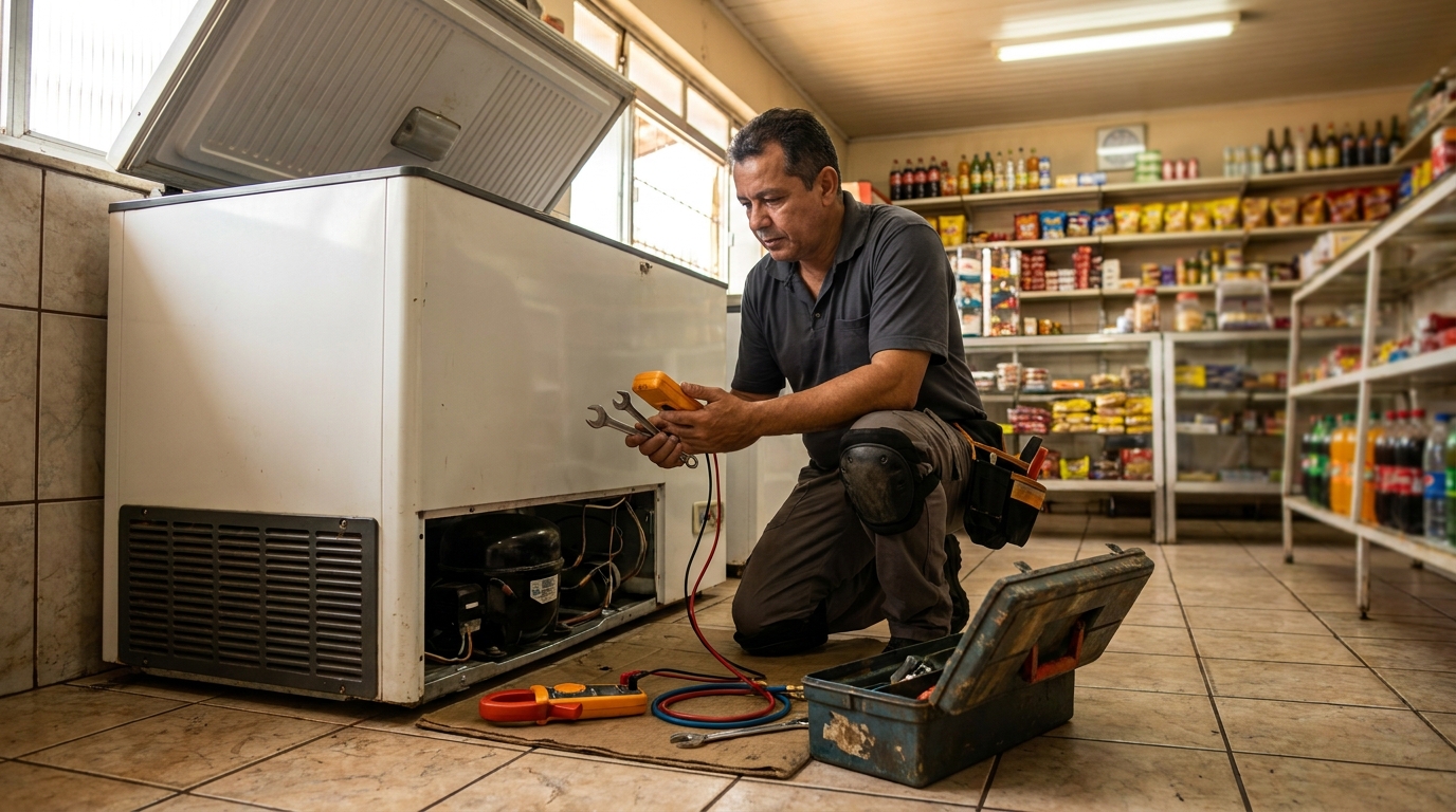 Técnico realizando manutenção de motor de freezer em Brasília‑DF
