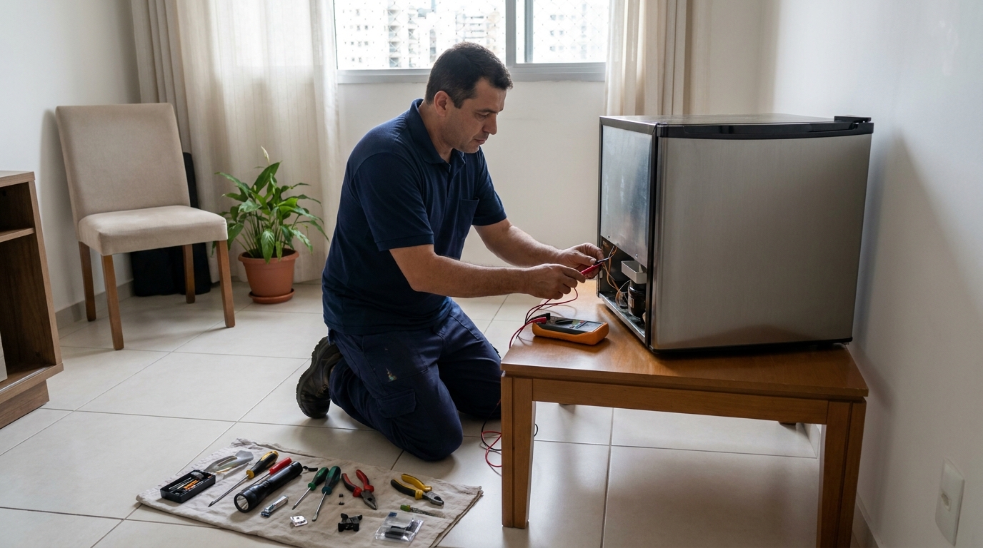 Técnico realizando manutenção de motor de frigobar em Brasília‑DF
