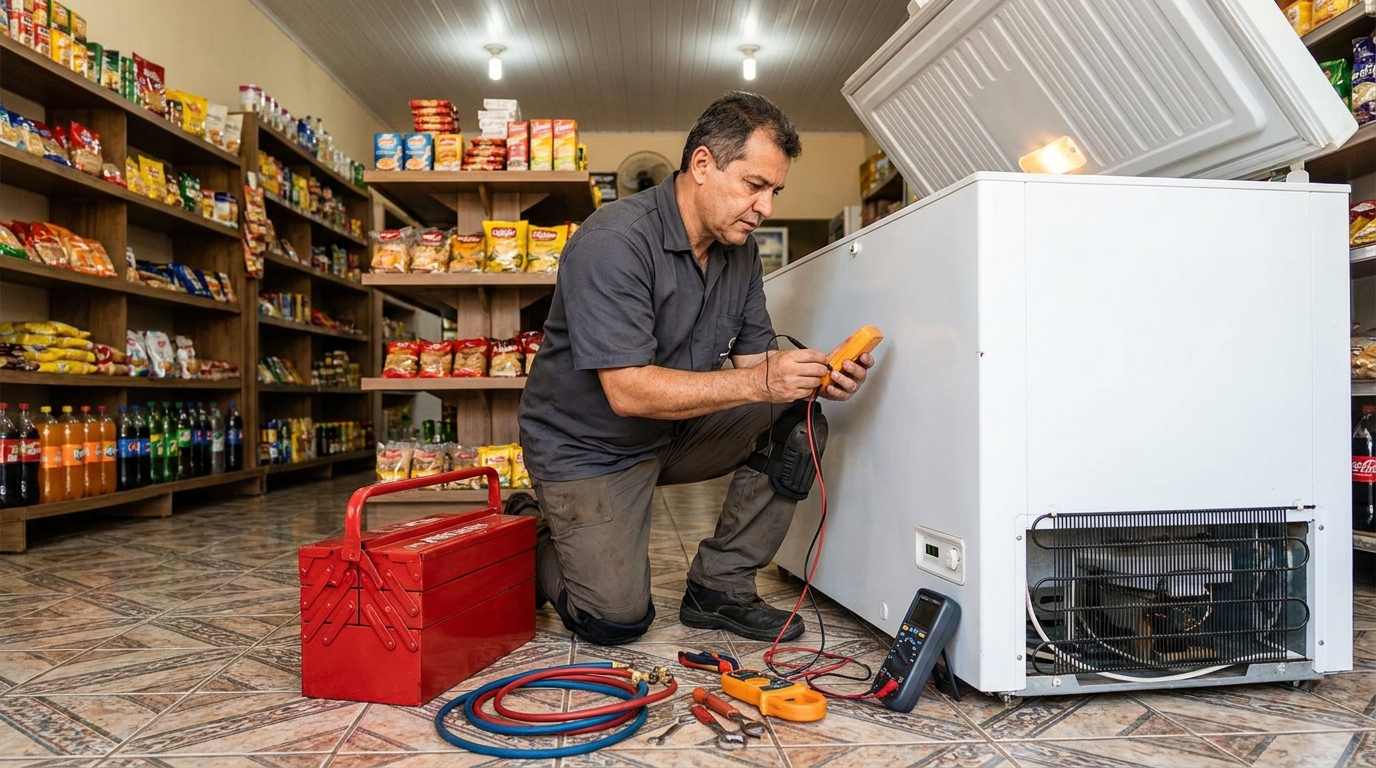 Recarga de gás refrigerante em freezer em atendimento em Brasília‑DF